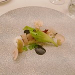 モン・フレーブ - ホワイトアスパラガスと帆立貝、北寄貝のグリエトリフ　黒にんにく風味のアングレーズソース