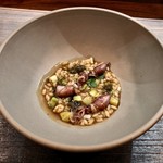 セルサルサーレ - ホタルイカとウルイのリゾット ホタルイカの肝と蕗の薹のペースト ネパールの粒胡椒