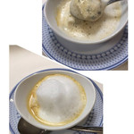 横濱元町 霧笛楼 - 昆布のクネル 甲殻類のビスク風スープ 貝類の泡雪見立て