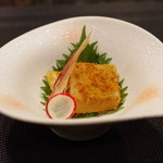 美酒佳肴 楽庵 - 鮃の昆布〆、唐墨和え