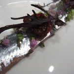 レフェルヴェソンス - 秋刀魚をクリュで、その肝とブラックオリーブオイルのソース、ヴァイオレットトマト、紫蘇、芥子水菜2