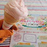 仙台ローズガーデン - バラの花の形に盛り付けられた　バラのソフトクリーム　なお4月27、28日にバラ祭りがあるそうミャ