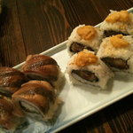 Yuki Chi - 海鮮巻寿司と秋刀魚の炙り棒寿司　半々に。