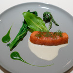 レストラン オオツ - 2019.4 丹後天然サクラマス低温調理 丹後天然コゴミ ウルイ 菜の花 白ワインソース