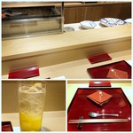 銀座 しのはら - 店内は12名利用できるL字方カウンターで凜とした雰囲気。 ご主人のご挨拶で「宴」が始まります。腰の低いとても感じのいい方です。 ＊梅酒のソーダ割を頂きながら・・