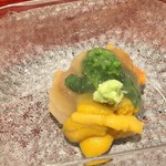 銀座 しのはら - 赤貝・雲丹・菜の花、牡丹海老と鮃の旨出汁の煮凝りソース