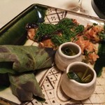 ふきや - 五月マス大葉焼き、相州牛柏葉焼き、桜海老かき揚げ、花山椒