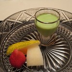 ふきや - 水菓子。パパイヤメロン、湯河原柑橘、グリーンピースムース