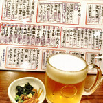 Izakaya Isaribi - 生ビールとお通しとメニュー