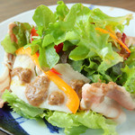 Japanese sticky pork shabu shabu-shabu salad with balsamic dressing