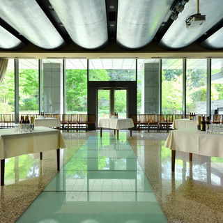 [reserved open dining floor with a 5m ceiling overlooking the bamboo forest and garden]