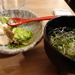 日本酒原価酒蔵 - ポテトサラダ(食べかけ)と、のり汁