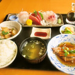 松輪 - お刺身3種盛り定食　南ばん漬け（さば）