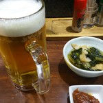 やきとり倶楽部 - 生ビール、お通し