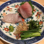 はらまさ - お造り：金目鯛、鯛、鮟肝のソースをつけて