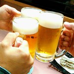 大衆酒場 まるちゃん - 先ずは、生ビールで乾杯　,( ^_^)／U☆U＼(^_^ ) U＼(^_^ )