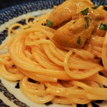Fresh pasta with tomato cream and lots of raw sea urchin