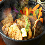 Herb Pork Steak Grilled in Iron Pan with Vegetables (Serves 3-4)