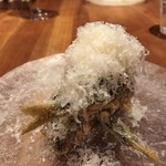 アカ - マンチェゴチーズとはドン・キホーテの舞台、ラ・マンチャで作られるチーズだそうです。カリッと揚がった稚鮎にそのチーズを削ってふんだんに掛けてあります。ソースでふと感じる甘みはバルサミコかなと思いました。