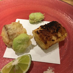 割烹 一楓 - ・天ぷら：サクラマス、そら豆、トウモロコシ トウモロコシが香ばしい。トウモロコシだけ、揚げてから焦げ目をつけていました。 初夏の一皿ですね。サクラマス、脂がのっています。