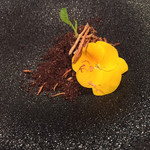 カナイユ - ホタルイカのムース　鰹の粉がけ　鰹粉がパリパリしていて揚げ物のような食感になるのが面白い