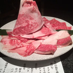 Koube gyuu matsuzakaushi ittou gaiginza shabuki - 皿の右上から、神戸牛、笹の葉を挟んで左に近江牛、笹の左上山の下から山が松坂牛