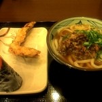 丸亀製麺 - 肉ゴボウかけ　かしわ天　明太子おむすび