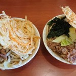 せんしゅう - 左:肉天(620円) ・右:スペシャル(肉、天、温玉、ﾜｶﾒ :？円)