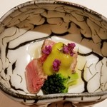 Kaiseki Okada - ランプ　汲み湯葉豆腐　空豆のソース