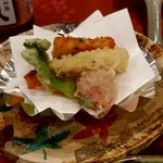 つるや旅館 - 【2019.5.4(土)】高原野菜の変わり揚げ…長芋フリットのパプリカ香味粉掛け、ミニトマト、山菜、葛切り