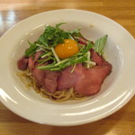 ポポラマーマ - 料理写真:ローストビーフとヨード卵光のペペロンチーノしょうゆ