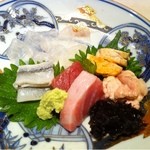 くろぎ - 造り（カワハギ、カワハギ肝、鮟肝、マグロ、カマス、岩海苔）