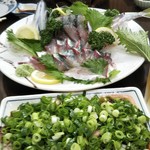 やきとり鳥かつ - さばと、鶏ももたたき（ネギの下）。