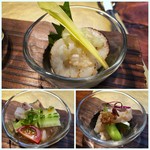 星期菜 白金 - ＊上：ホタテ貝柱炙り　焼き茄子　葱生姜風味・・ホタテが甘くて美味しい。生姜だれがよく合います。 ＊左下：豚足煮こごり　クラゲ　麻辣ソース・・豚足は好まないのですが、「煮こごり」にするとクセもなく食べやすいですね。 ＊右下：水烏賊とアスパラ　XOr醤和・・烏賊は湯引きし丁寧に包丁が入っているので柔らかく甘味を感じます。