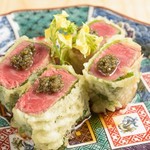 Kuroge Wagyu beef fillet topped with tempura caviar