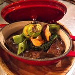 Beef cheek stew in red wine with Amazon cacao