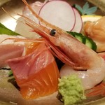 山人 - おまかせお造り(ハーフ)
            ④広島サーモン(養殖虹鱒)
            ⑤甘海老
            ⑥赤貝(広島)
            ⑦天然真鯛(広島)
            ⑧炙り大トロ(養殖？)