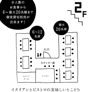 6名様から半個室、個室相談可。最大20名様まで個室貸切可。2部屋同時は32名。