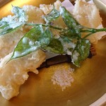 湖水亭 嵯峨和  - たけのこの天ぷらと山菜でしょうか？緑色の天ぷらもありました。