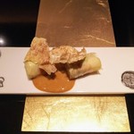 野嵯和 - ●湯葉巻き、車海老、ソラマメ、ウニと卵黄のソース