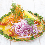 Funka Bay Atka mackerel and colorful vegetable carpaccio