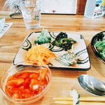 ちゅらね - ワンプレートにゴーヤ、人参シリシリ、こごみ、季節の野菜、手前サルサソース。