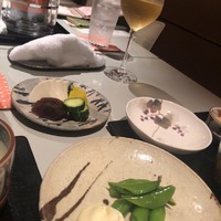 御料理 梅田 - スナップえんどうとお新香盛り合わせ