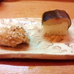 天ぷら たけうち - 対馬産穴子の炙りとカマスのバッテラ　冬場なのに良い穴子でした