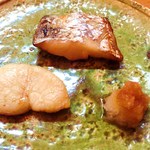 天ぷら たけうち - 太刀魚とタイラギ貝柱　西京味噌焼　香り、味付けとも申し分なし