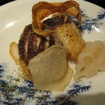 まな板の上の旬　ぽぽぽん - 牛蒡とネギを巻いた黒鯛の柚庵焼き