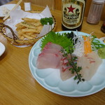 四ツ木製麺所 - フライド大根&豊洲三点盛り