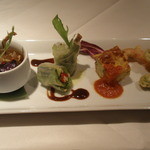 マザーエスタ - 焼きナスのゼリー、豚肉と野菜の生春巻、ズッキーニのフリッタータ、ゴーヤとパプリカのフリット