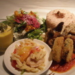 マザーエスタ - 塩茹で豚のソテーきのこあんかけ　ズッキーニのフリット　カボチャのムース