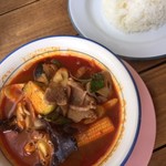 タイのごはん ラークパクチー - ランチセットは¥850 　このココナツミルクを使わないレッドカレー絶賛おすすめです！様々な生の香草の香りがします。写真ではわかりませんが；人参、ナスのカットが芸術的！ゴボウ？と思って噛んだら素敵な香り、「白ウコン」とのこと、見た事ない！赤唐辛子、青唐辛子も生。スープに色々な香りと辛さうまみが集結して素晴らしい。上手に炊かれたジャスミンライスも上質。